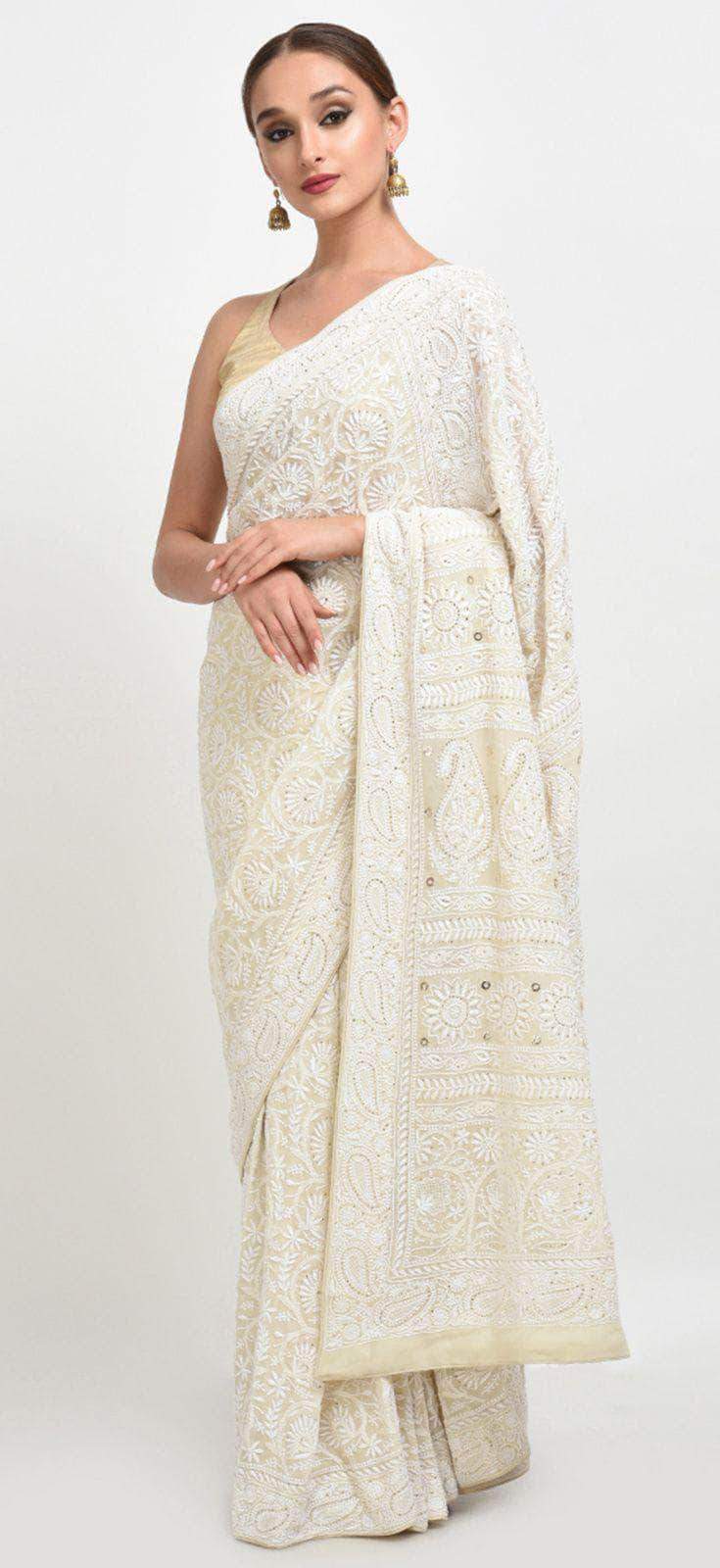 Premium white georgette chikankari saree with statement lotus and jaal –  Dhaaga&Co.