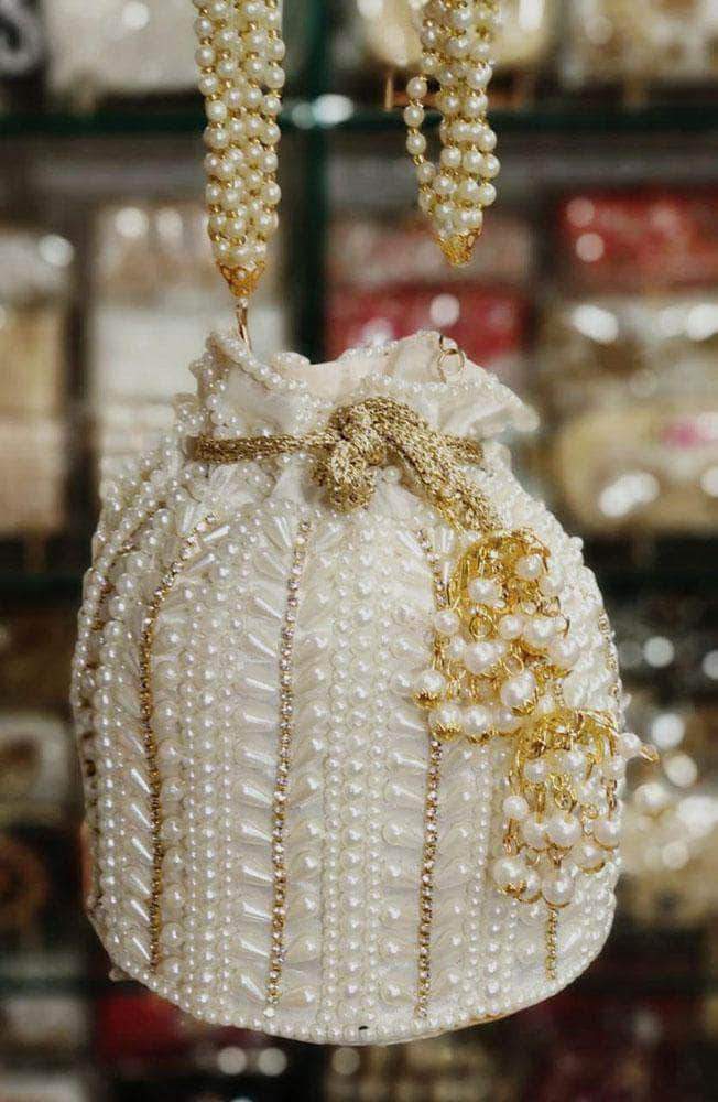 Buy Peora White Handmade Bridal Pearls Purse for Women Online
